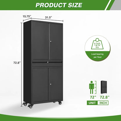 STANI Metal Garage Storage Cabinets with Drawer, 4 Doors Tool Storage Cabinet with 2 Adjustable Shelves, 73"H Rolling Steel Locking Cabinet for Garage Utility Room Home Office (Black, 4 Wheel)