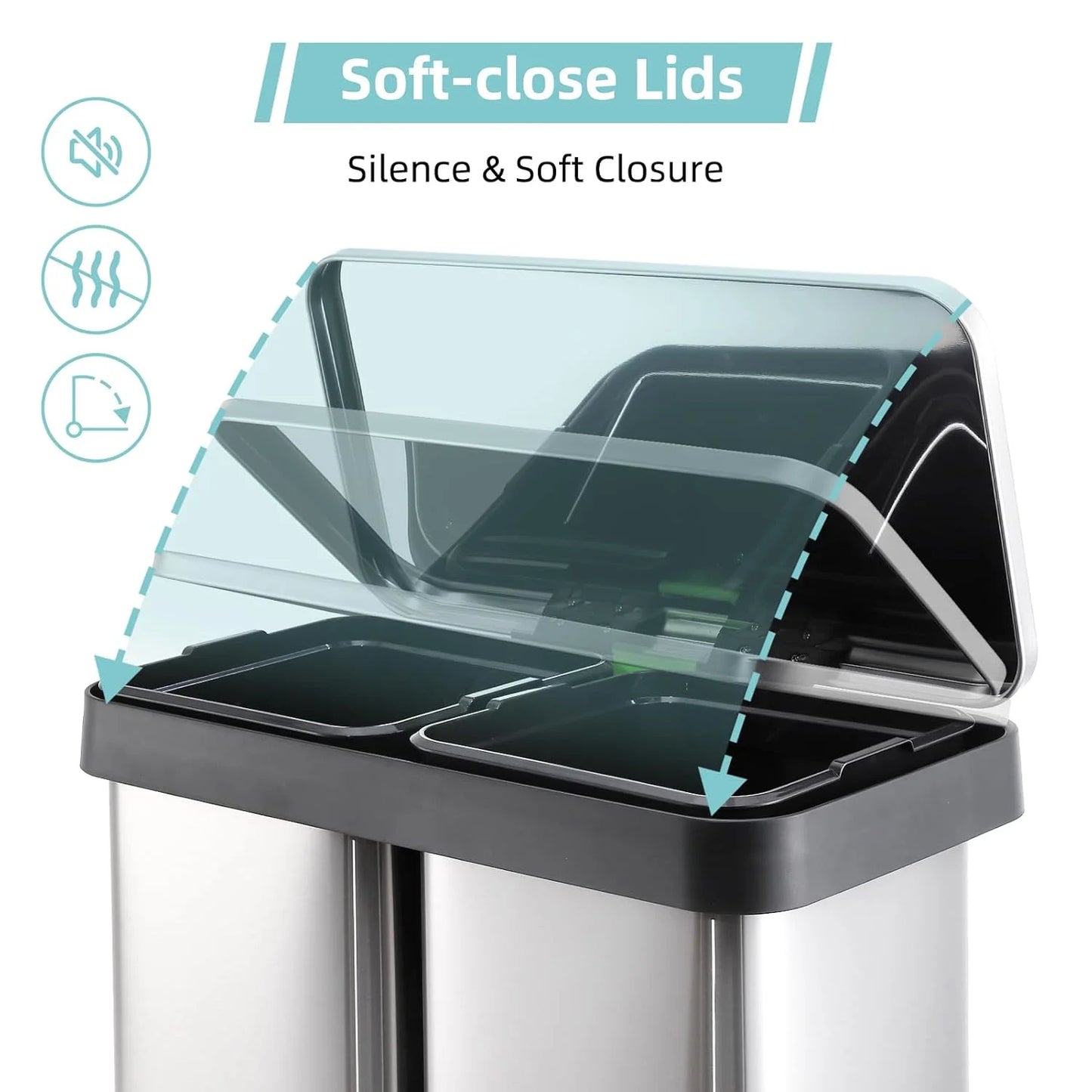 Garvee 19 Gallon Dual Trash Can, Stainless Steel Kitchen Garbage Can, 36L+36L 2 Compartment Recycle Bin with Soft-Close Lid and Foot Pedal for Kitchen Home Office