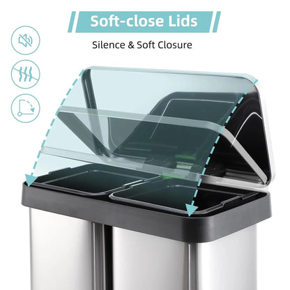 Garvee 19 Gallon Dual Trash Can, Stainless Steel Kitchen Garbage Can, 36L+36L 2 Compartment Recycle Bin with Soft-Close Lid and Foot Pedal for Kitchen Home Office