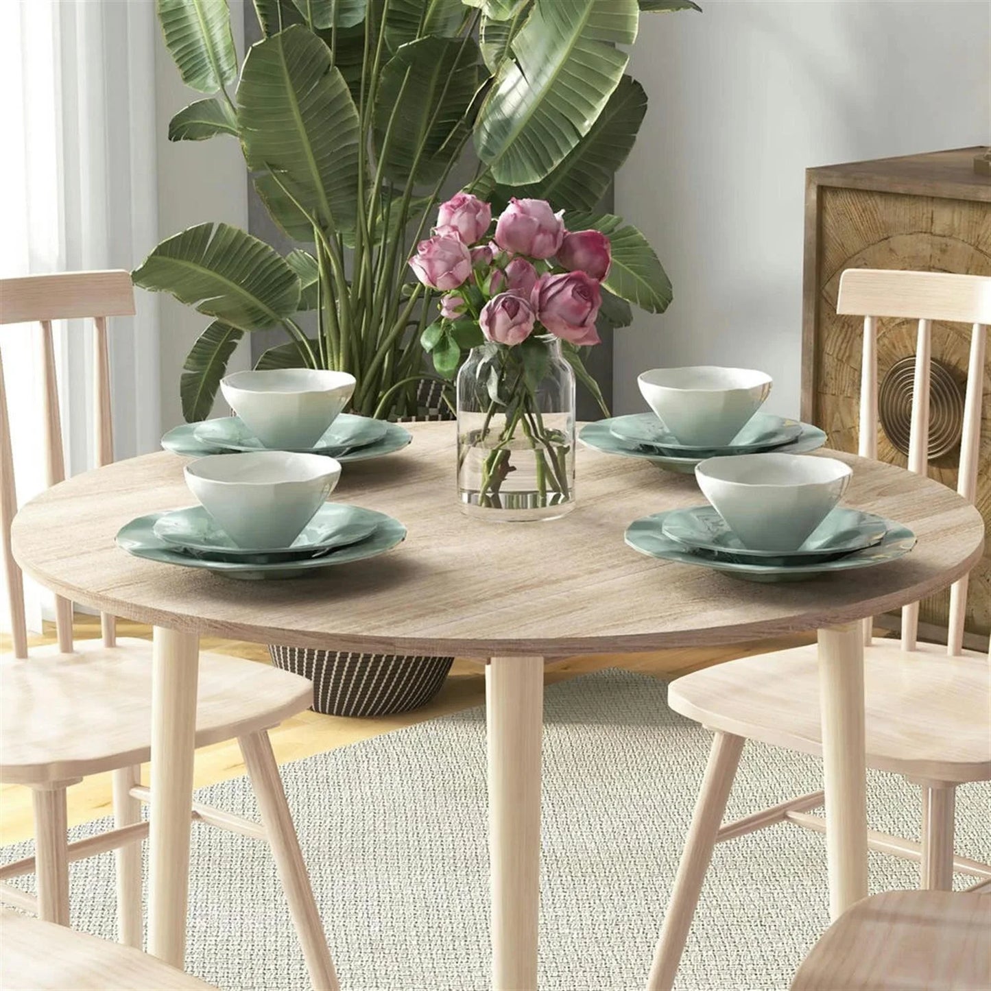 Finihen 35" Solid Wood Rustic Kitchen Table, Drop Leaf Round Dinner Table for Dining Room, Home Office, Living Room Furniture, Beige