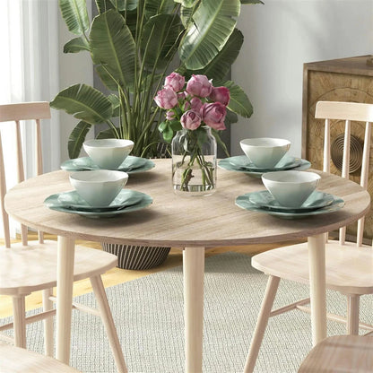 Finihen 35" Solid Wood Rustic Kitchen Table, Drop Leaf Round Dinner Table for Dining Room, Home Office, Living Room Furniture, Beige