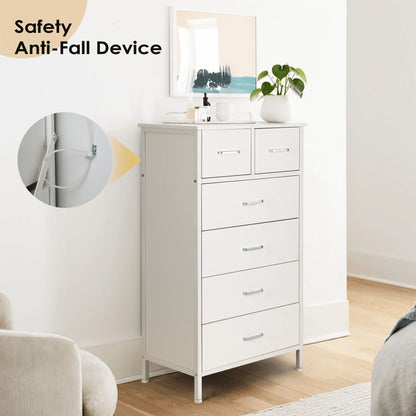 Chest of 6 Drawers, Drawer Dresser storage organizer for Bedroom, Living Room, Hallway, Nursery, Storage Cabinet Wooden Dresser with Steel Frame,White