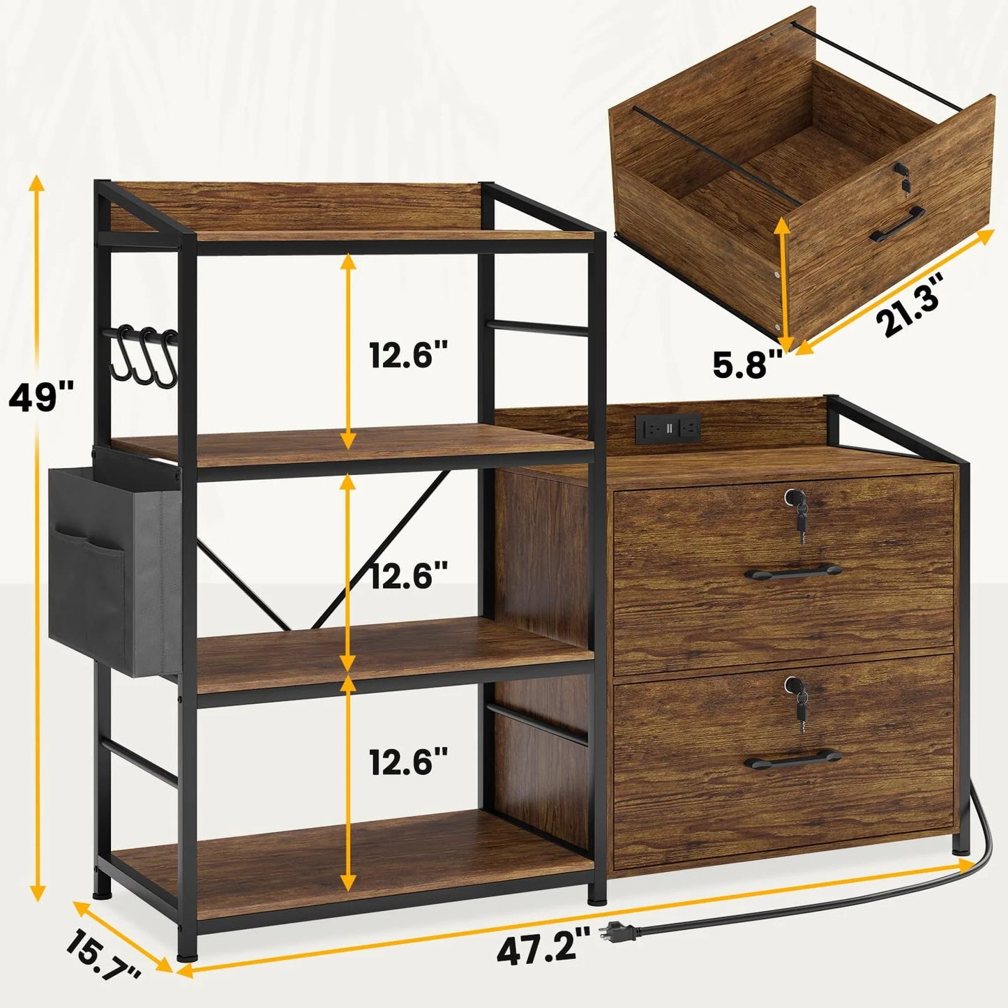 47" File Cabinet with Power Strip&2 Drawers, Lateral Filing Cabinet with Lock& Open Shelf for Home Office, Rustic Brown