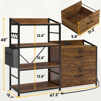 47" File Cabinet with Power Strip&2 Drawers, Lateral Filing Cabinet with Lock& Open Shelf for Home Office, Rustic Brown