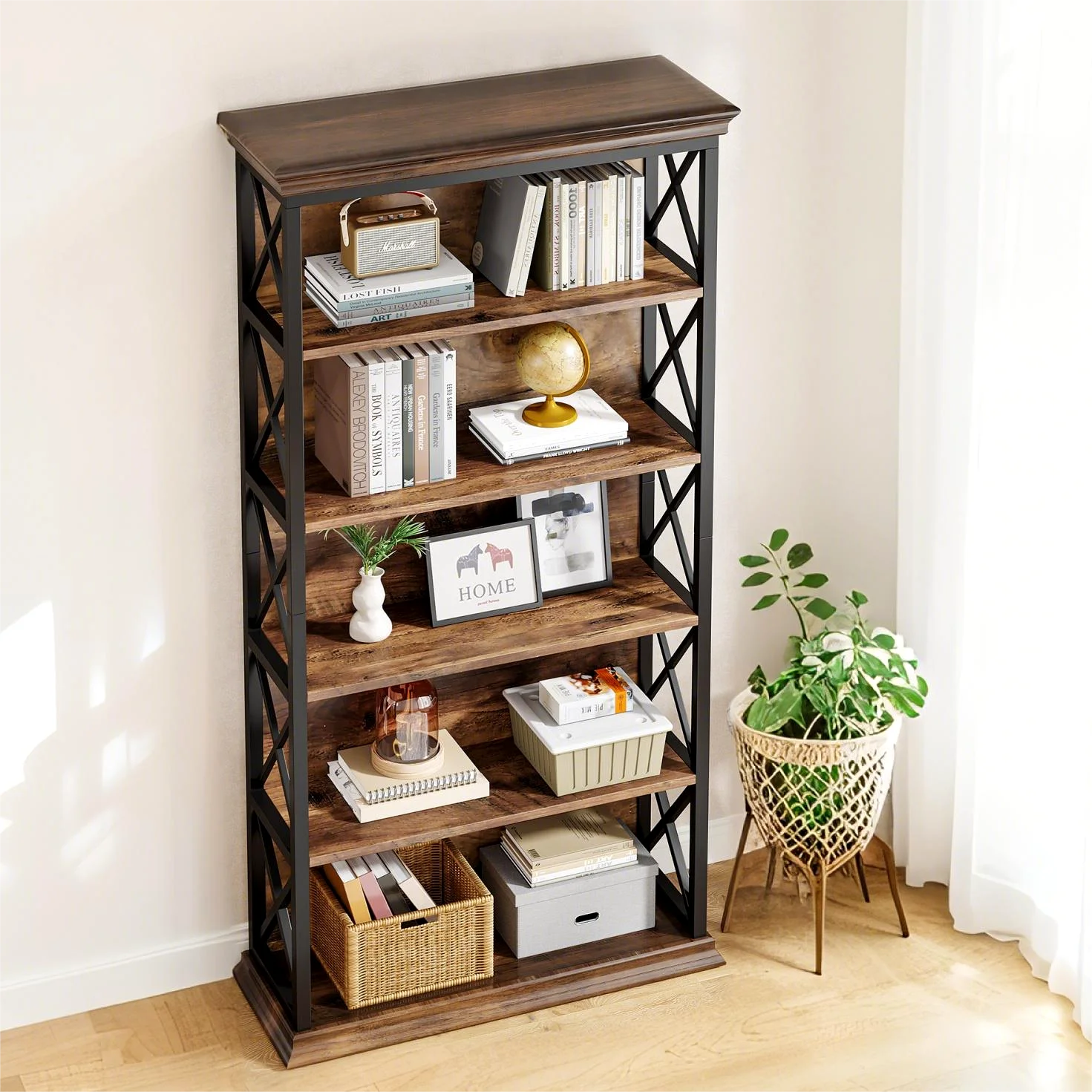 Fnova 71" 5-Tier Tall Bookshelf, Industrial Wood Bookcase with Metal Frame, Floor Standing Display Storage Shelves for Home Office, Living Room, Bedroom