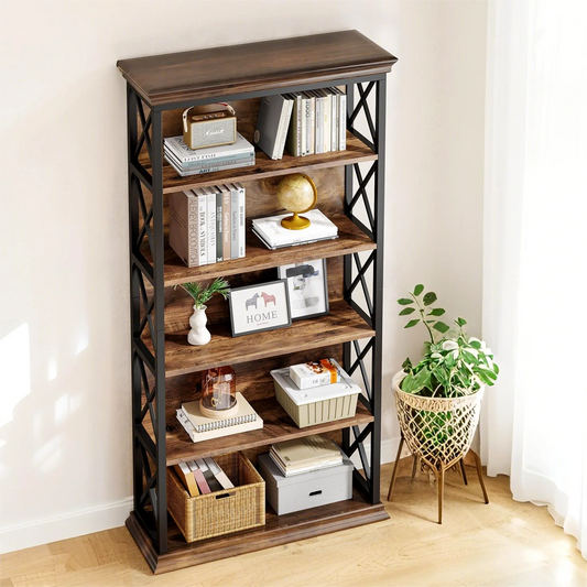 Fnova 71" 5-Tier Tall Bookshelf, Industrial Wood Bookcase with Metal Frame, Floor Standing Display Storage Shelves for Home Office, Living Room, Bedroom