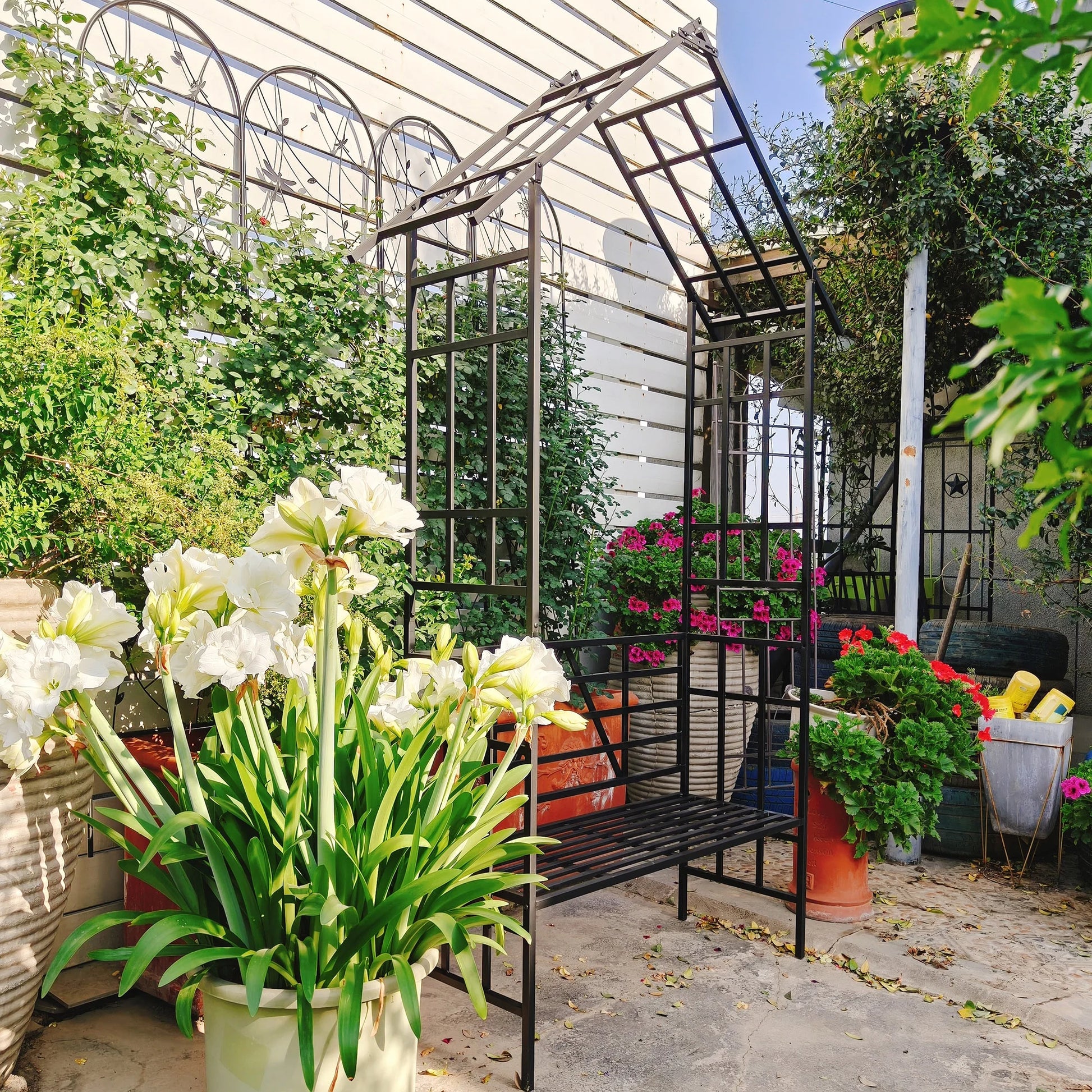 Yoneston 97.24"H Metal Garden Arch with Bench, Turned into Flower Stand for Climbing Plants, Support Rose Arch Outdoor, Black