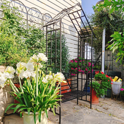 Yoneston 97.24"H Metal Garden Arch with Bench, Turned into Flower Stand for Climbing Plants, Support Rose Arch Outdoor, Black