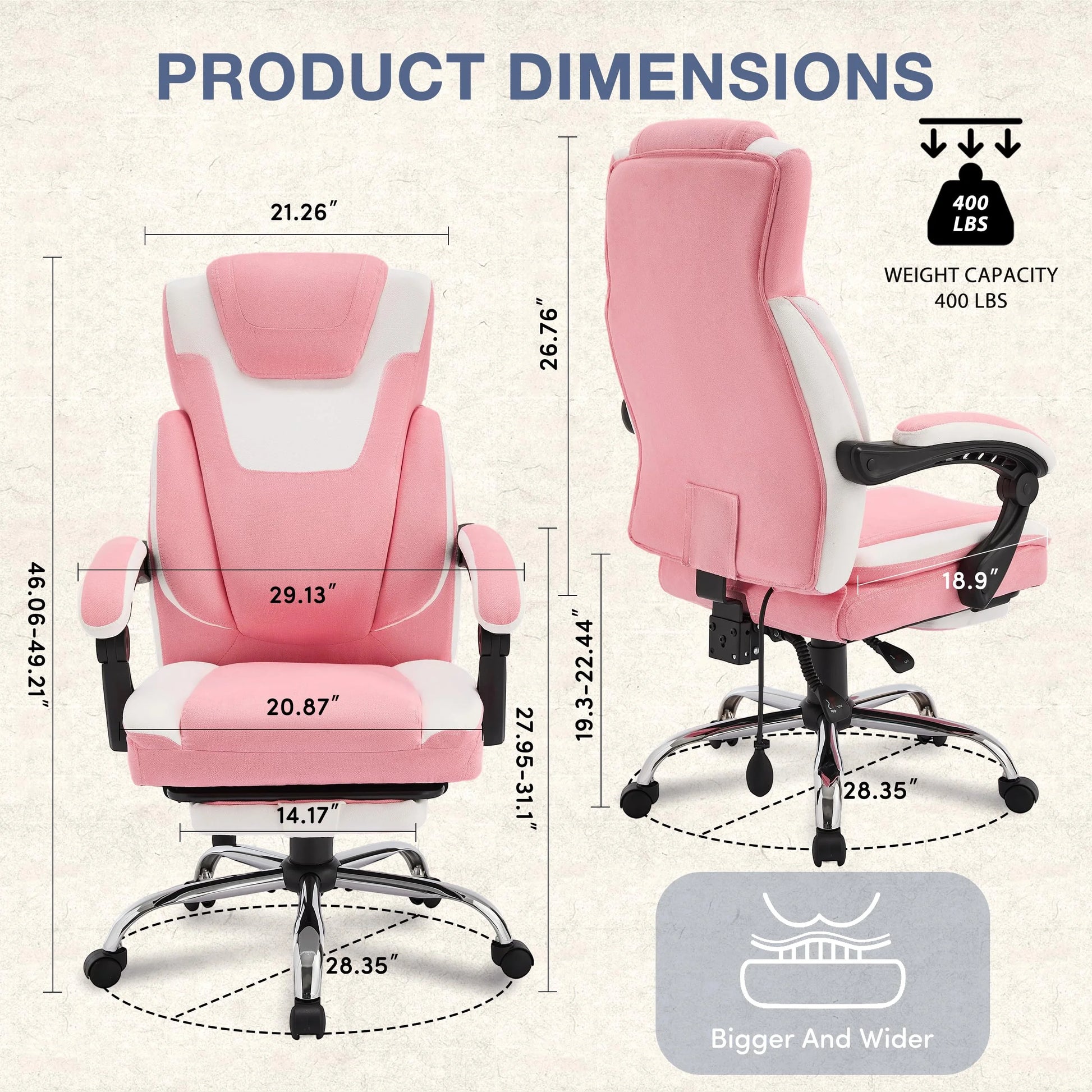 JONPONY Big and Tall Office Chair 400lbs, Executive Reclining Office Chairs with Footrest, High Back Home Office Chair Thick Padded Armrests, Ergonomic Adjustable Lumbar Support, PinkWhite