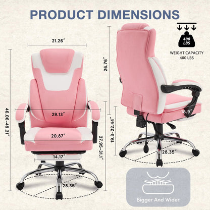 JONPONY Big and Tall Office Chair 400lbs, Executive Reclining Office Chairs with Footrest, High Back Home Office Chair Thick Padded Armrests, Ergonomic Adjustable Lumbar Support, PinkWhite