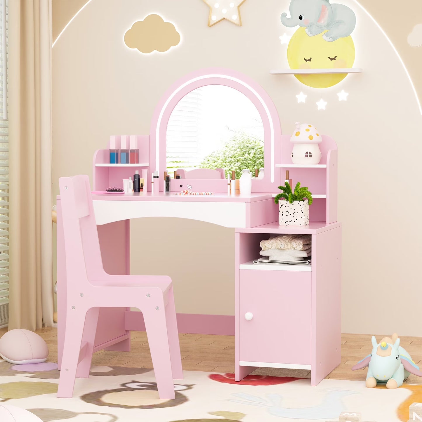 Kids 2-in-1 Princess Vanity Table Set with Jewelry Storage and Open Shelves, White