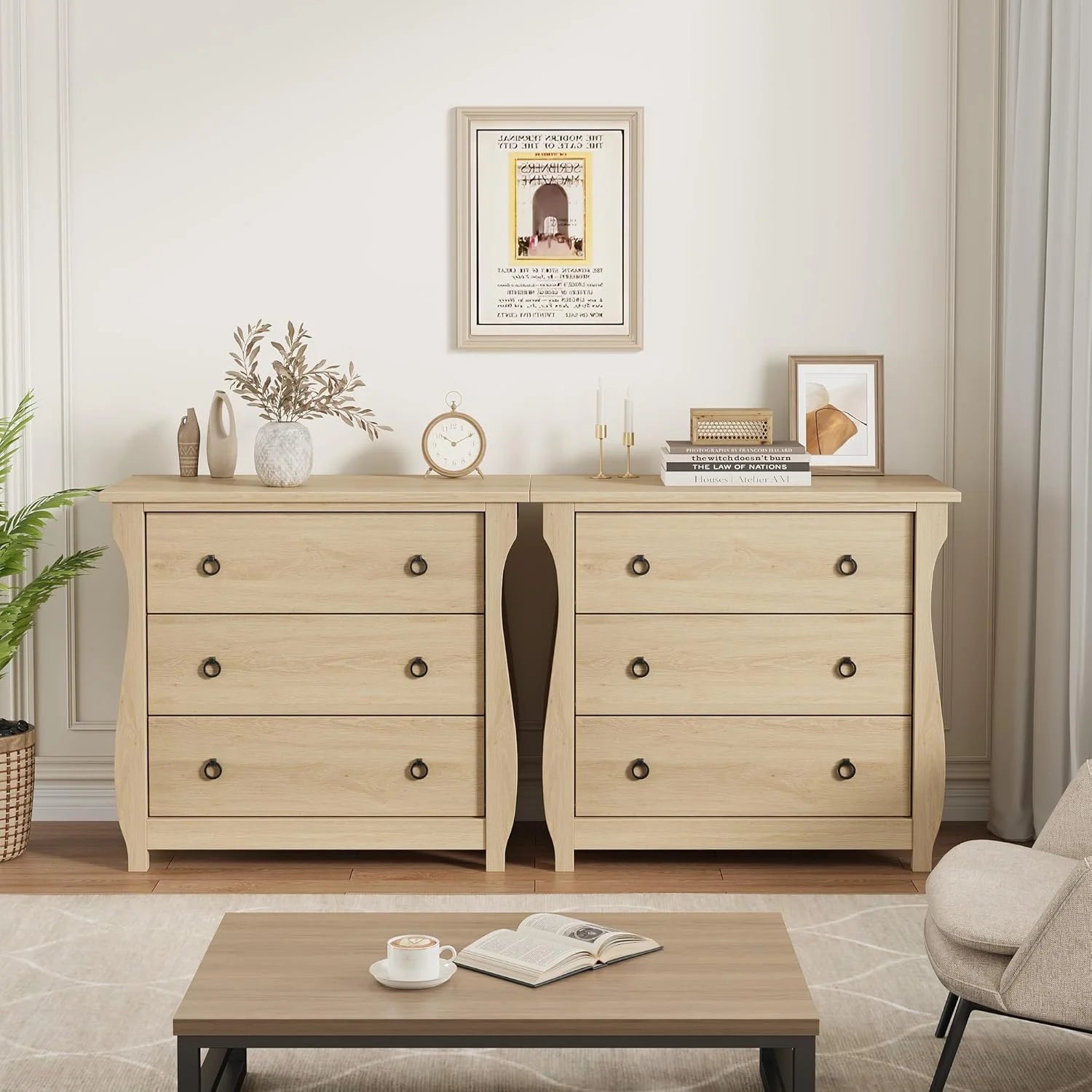 M optimized Wood 3-Drawer Dresser, Boho Dresser with Curved Legs, Rattan Accents, and Freestanding Storage for Living Room, Bedroom, Entryway, or Balcony