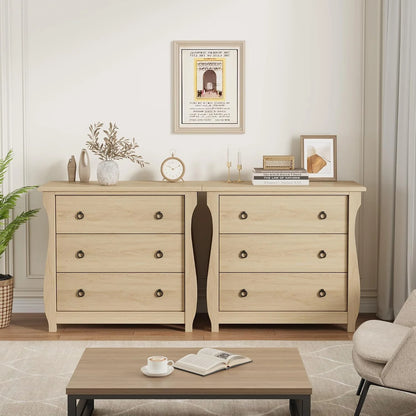 M optimized Wood 3-Drawer Dresser, Boho Dresser with Curved Legs, Rattan Accents, and Freestanding Storage for Living Room, Bedroom, Entryway, or Balcony