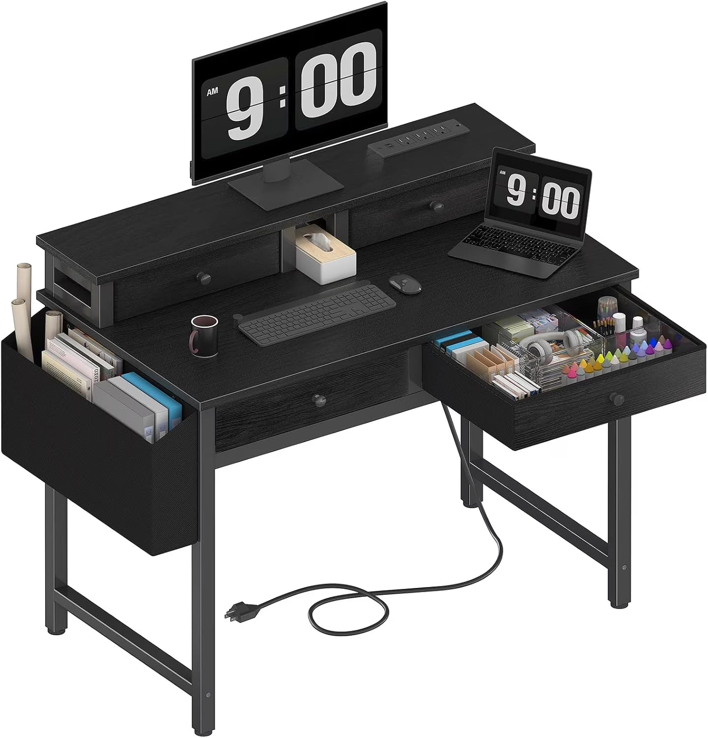 Small Desk with Drawers for Home Office Bedroom, 31 inch Black Writing Study Desks with Fabric Drawers Storage, Gaming Desk Table with Power Outlet & Monitor Stand, Black