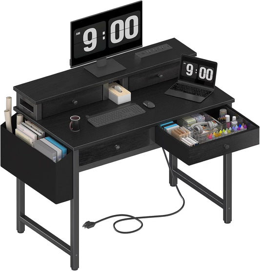 Small Desk with Drawers for Home Office Bedroom, 31 inch Black Writing Study Desks with Fabric Drawers Storage, Gaming Desk Table with Power Outlet & Monitor Stand, Black