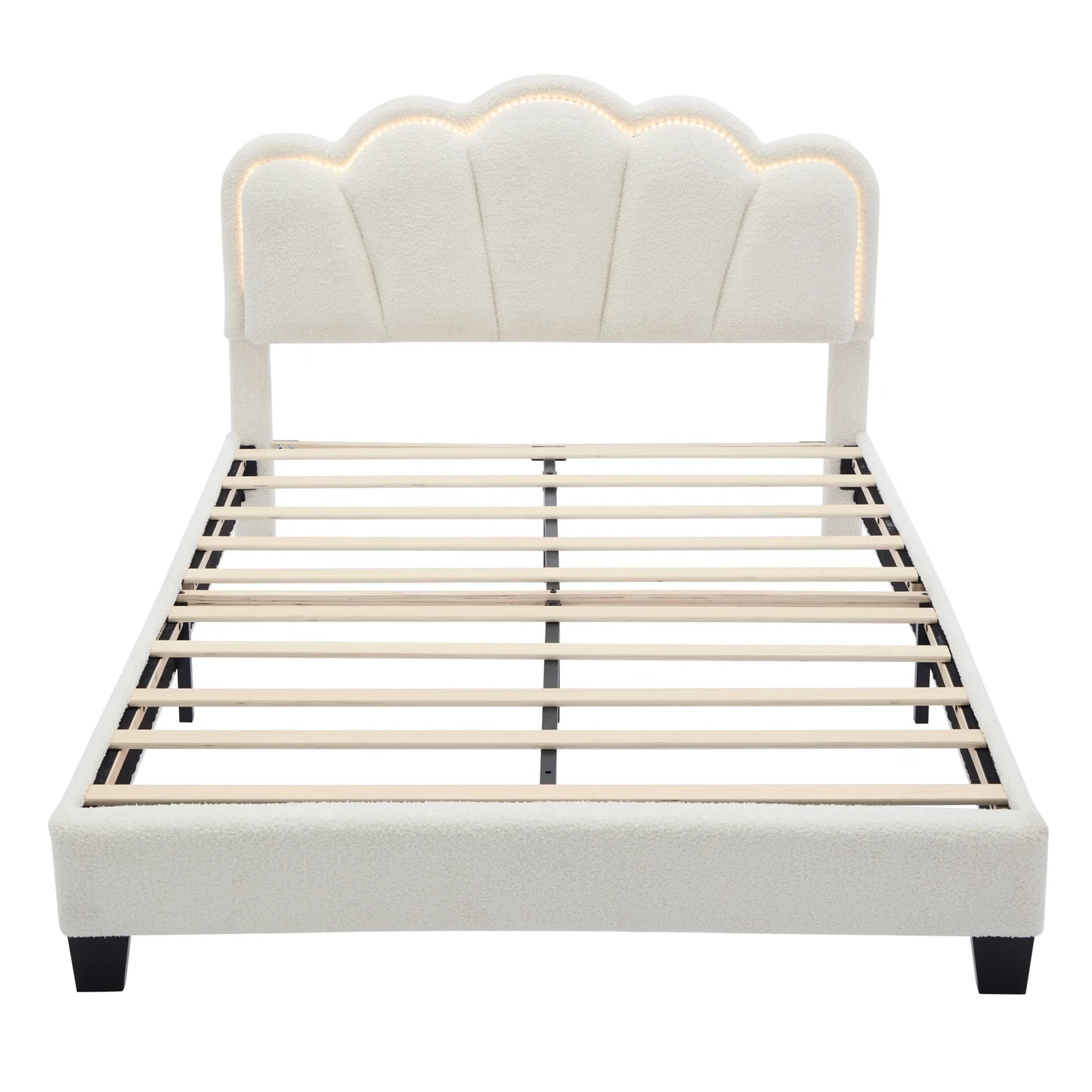 Euroco Upholstery Full Size Platform Bed with Flower-Shaped Headboard and LED Light for Kids Bedroom, Beige