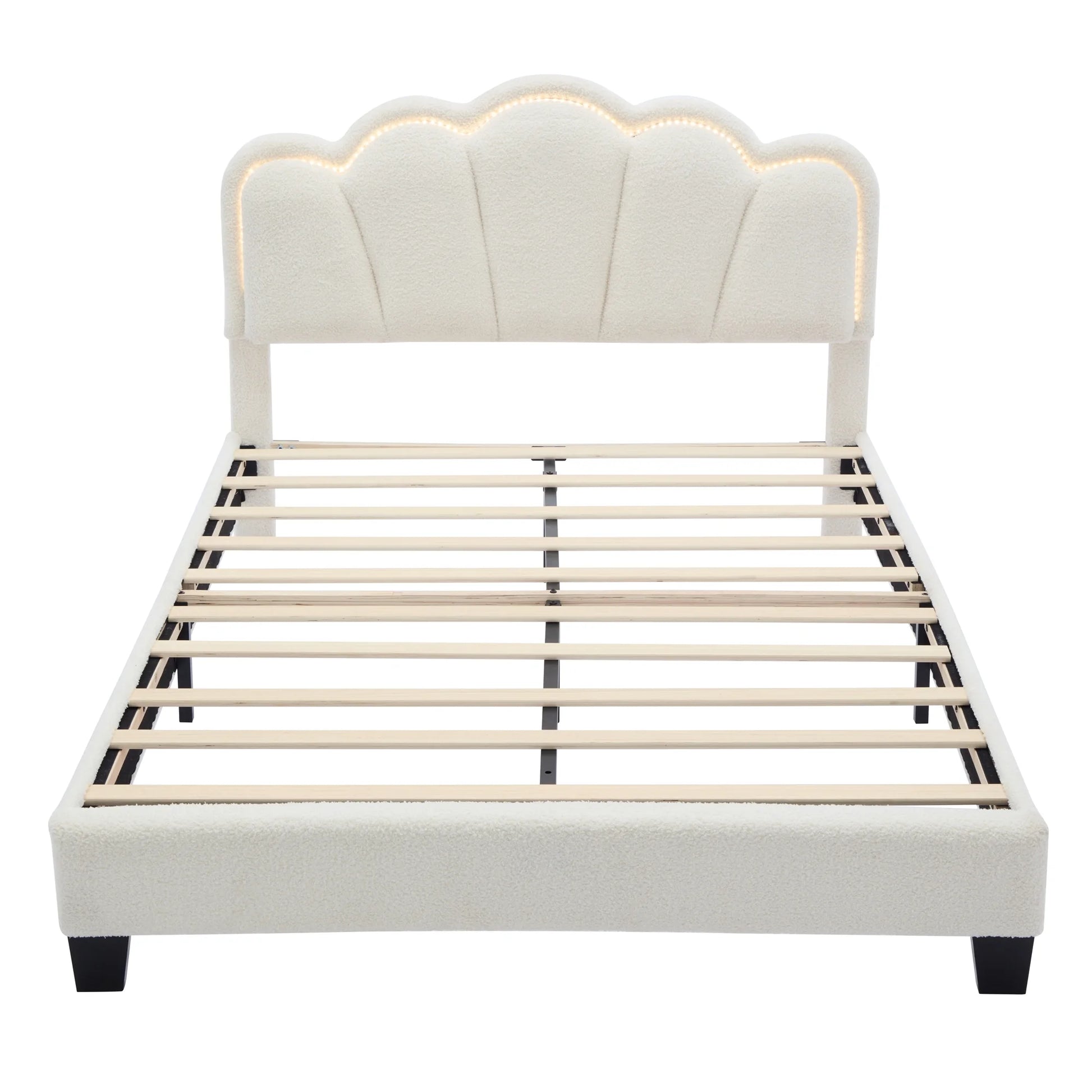 Euroco Upholstery Full Size Platform Bed with Flower-Shaped Headboard and LED Light for Kids Bedroom, Beige