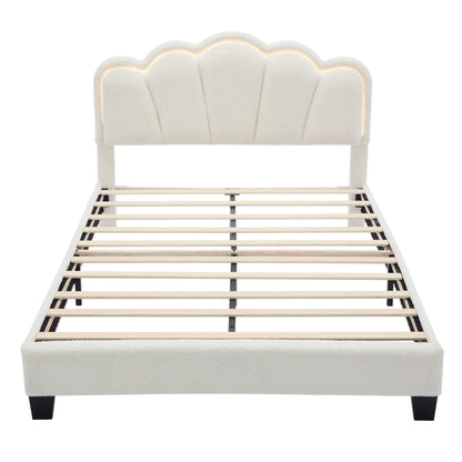 Euroco Upholstery Full Size Platform Bed with Flower-Shaped Headboard and LED Light for Kids Bedroom, Beige