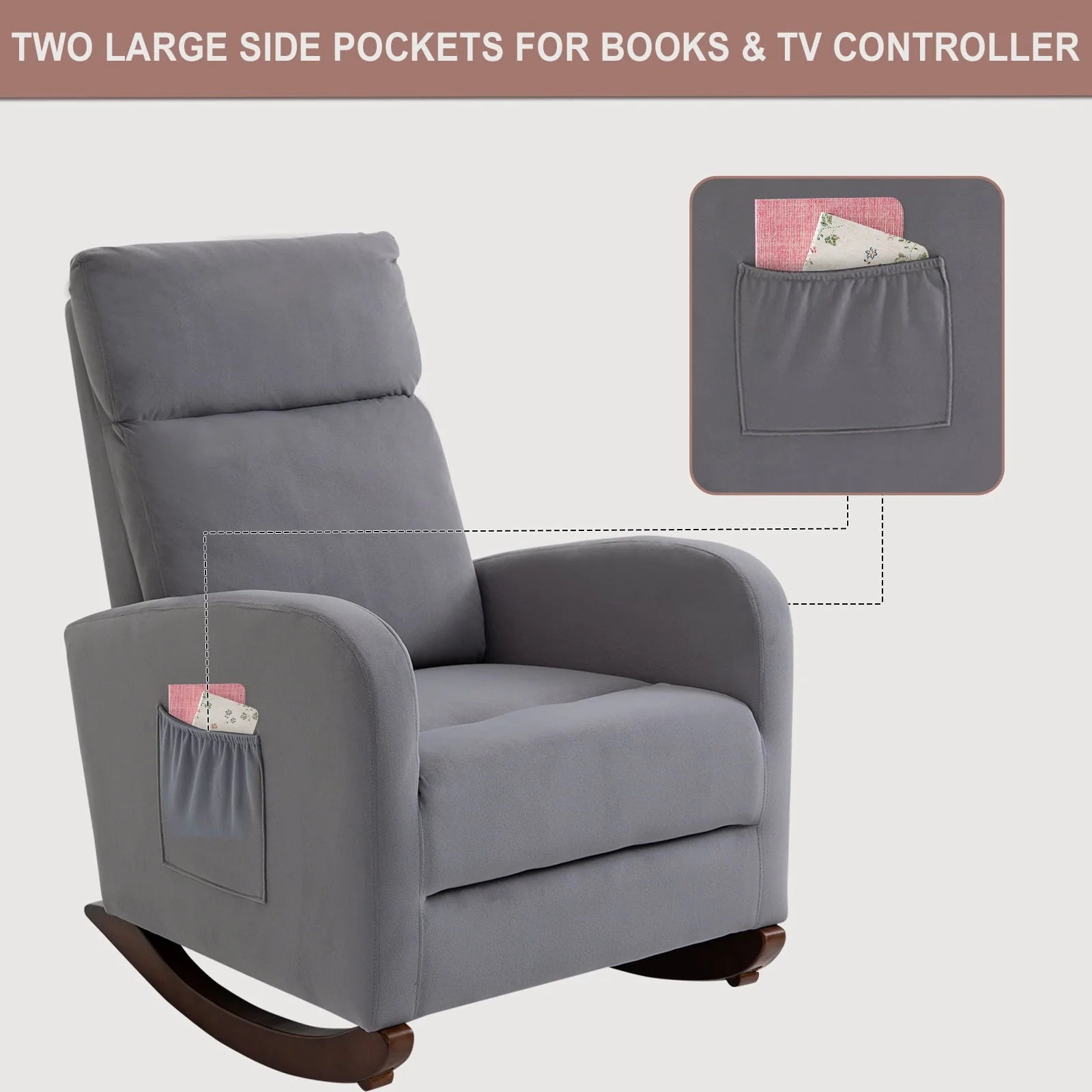 AVAWING Nursery Rocking Chairs Mid Century Glider Chair Upholstered Velvet High Back Arm Chair (Gray)