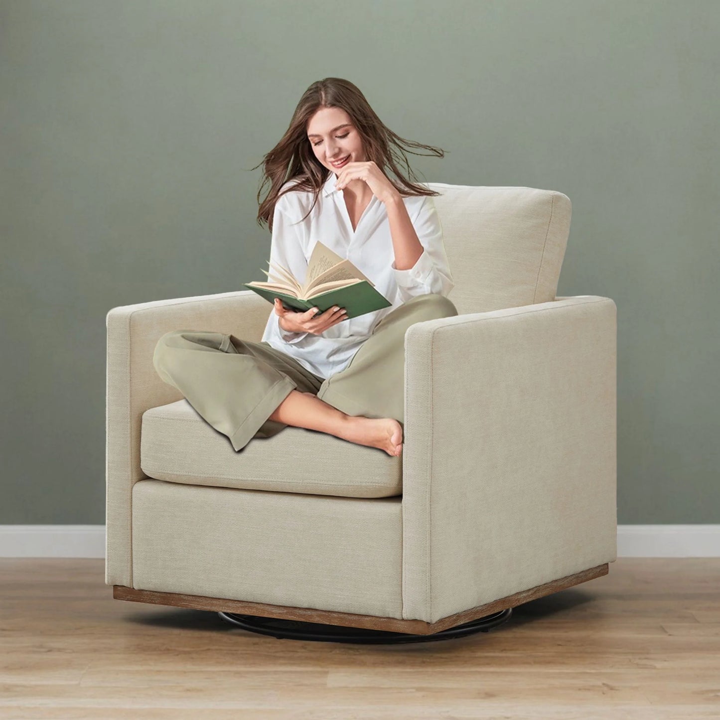 Swivel Accent Chair360 Degree Square Swivel Chair for Living Room, Mid Century Modern Upholstered Swivel Barrel Chair,Comfy Sofa Armchairs for Bedroom,Nursery,Chenille(Beige)