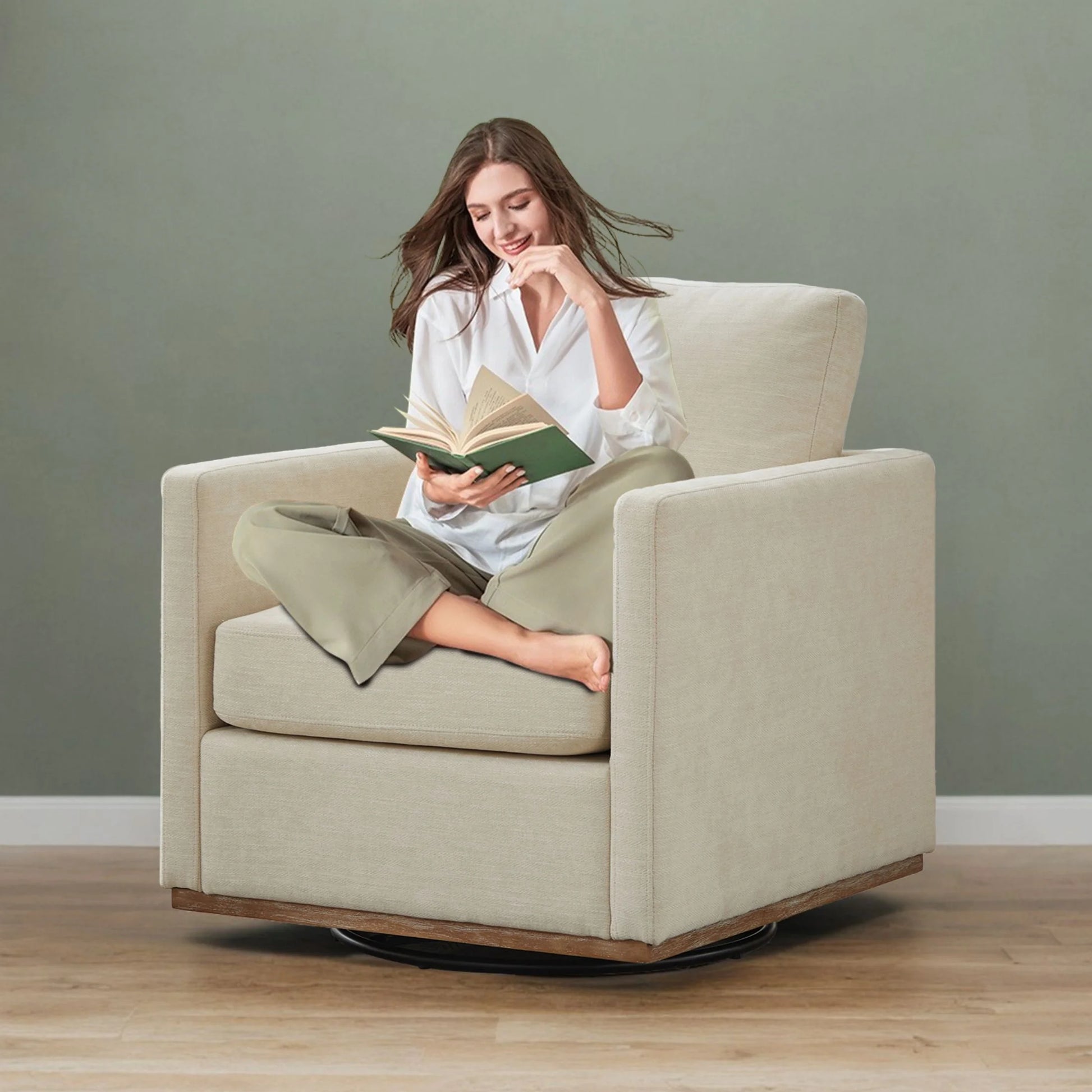 Swivel Accent Chair360 Degree Square Swivel Chair for Living Room, Mid Century Modern Upholstered Swivel Barrel Chair,Comfy Sofa Armchairs for Bedroom,Nursery,Chenille(Beige)