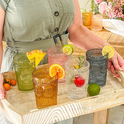 Vintage Textured Amber Striped Drinking Glasses Set of 24, (13 oz) Ribbed Glassware with Flower Design | Cocktail Set, Juice Glass, Water Tumbler