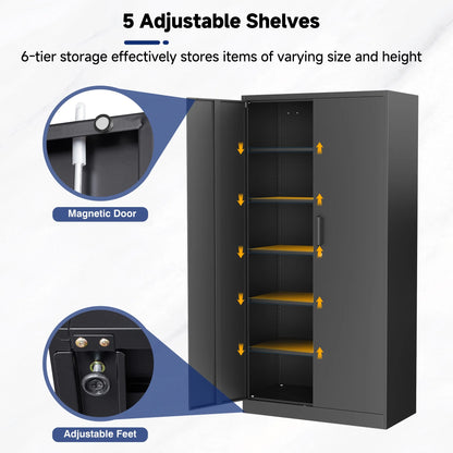 AUHUP 71" Metal Cabinet with Locking Doors and 5 Adjustable Shelves, Black Garage Storage Cabinet for Warehouse, Basement, Home Office, Tool File Storage Utility Cabinets
