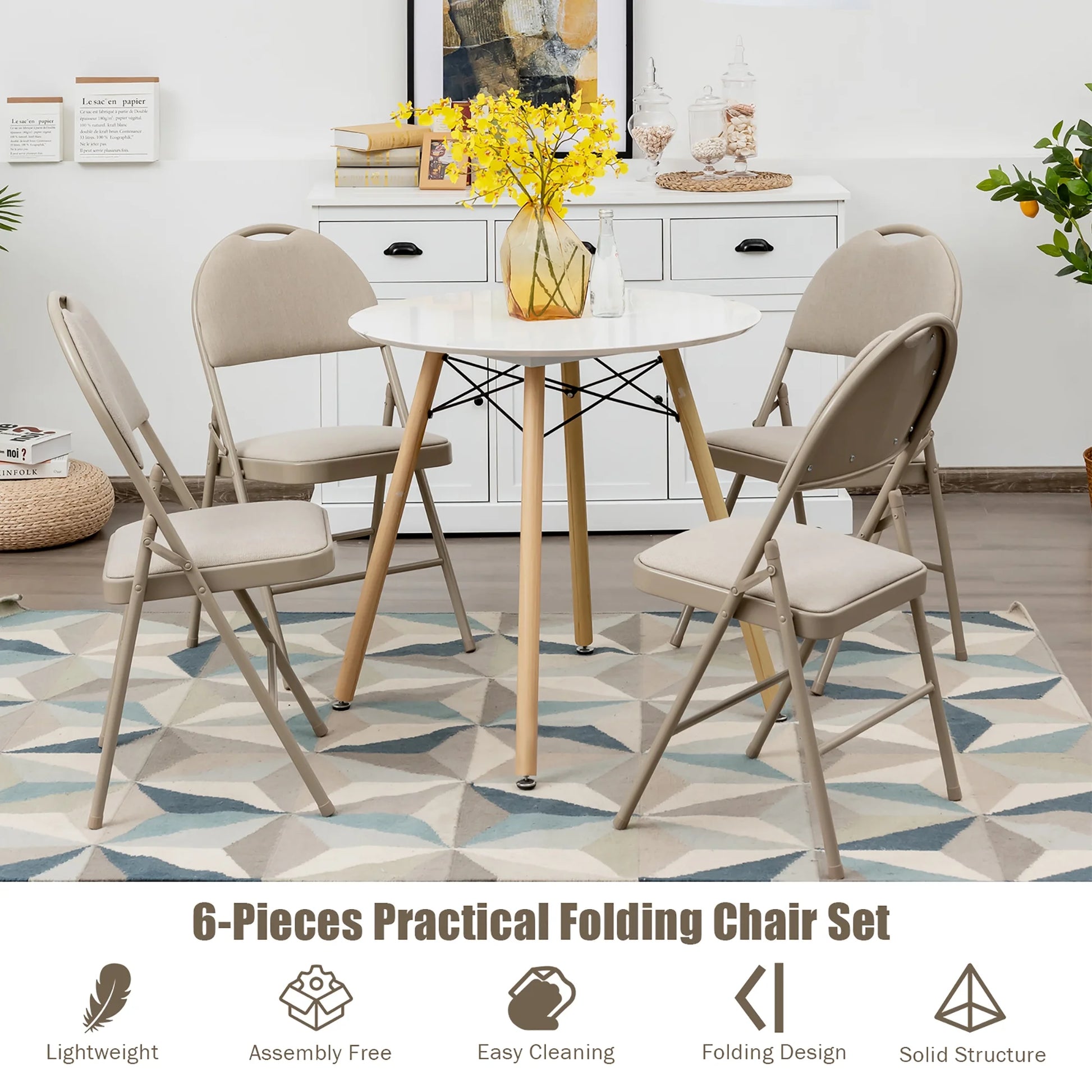 Costway Set of 6 Folding Chairs Fabric Upholstered Padded Seat Metal Frame Home Office Beige