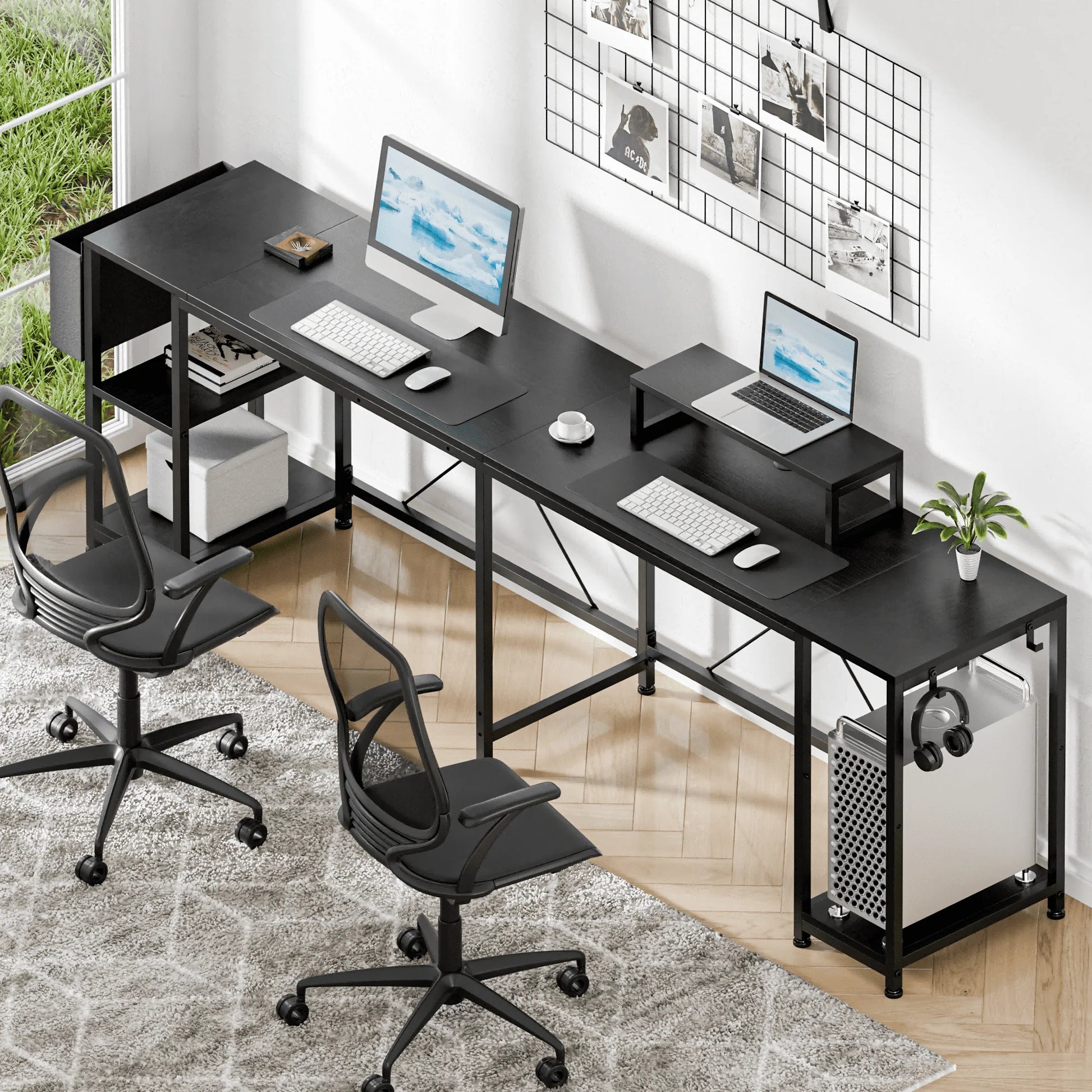 Lulive L-Shaped Computer Desk, 95" Reversible Computer Desk Office Desk with 3 Shelves/Monitor Stand/Storage Bag/Hooks for Home Office, Black