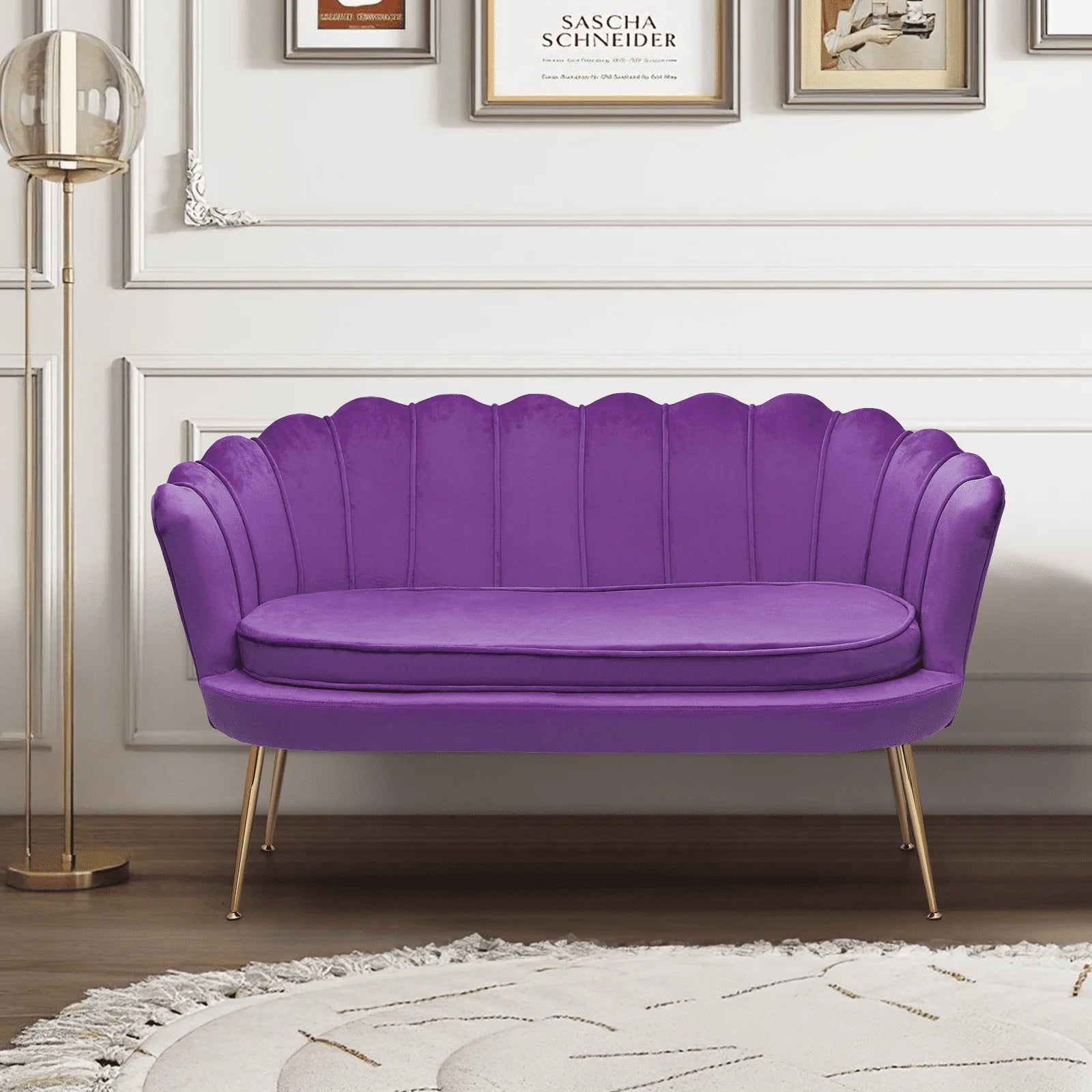 MoNiBloom Contemporary Velvet Loveseat Chair with Gold-Finished Metal Legs, 2-Seater Sofa with Two Pillows for Living Room, Bedroom, Home Office, Purple