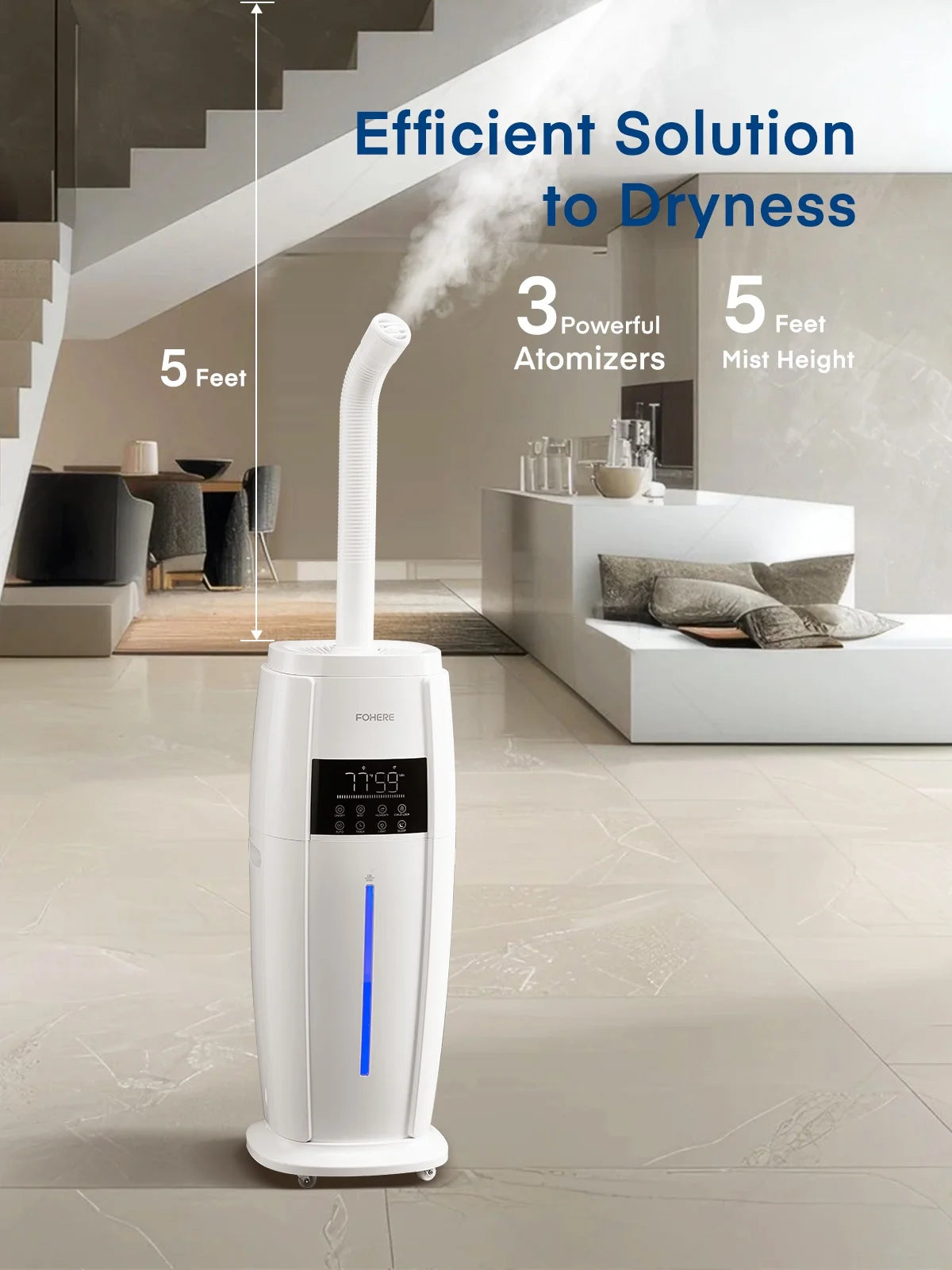 FOHERE 4.8Gal/18L Humidifier Large Room, Easy Top Fill Cool Mist Tower Humidifiers Quiet for Home, Plants, Commercial, Whole House Cover up to 1500ft2, with Smart Sensor, Remote, 5 Speeds, White