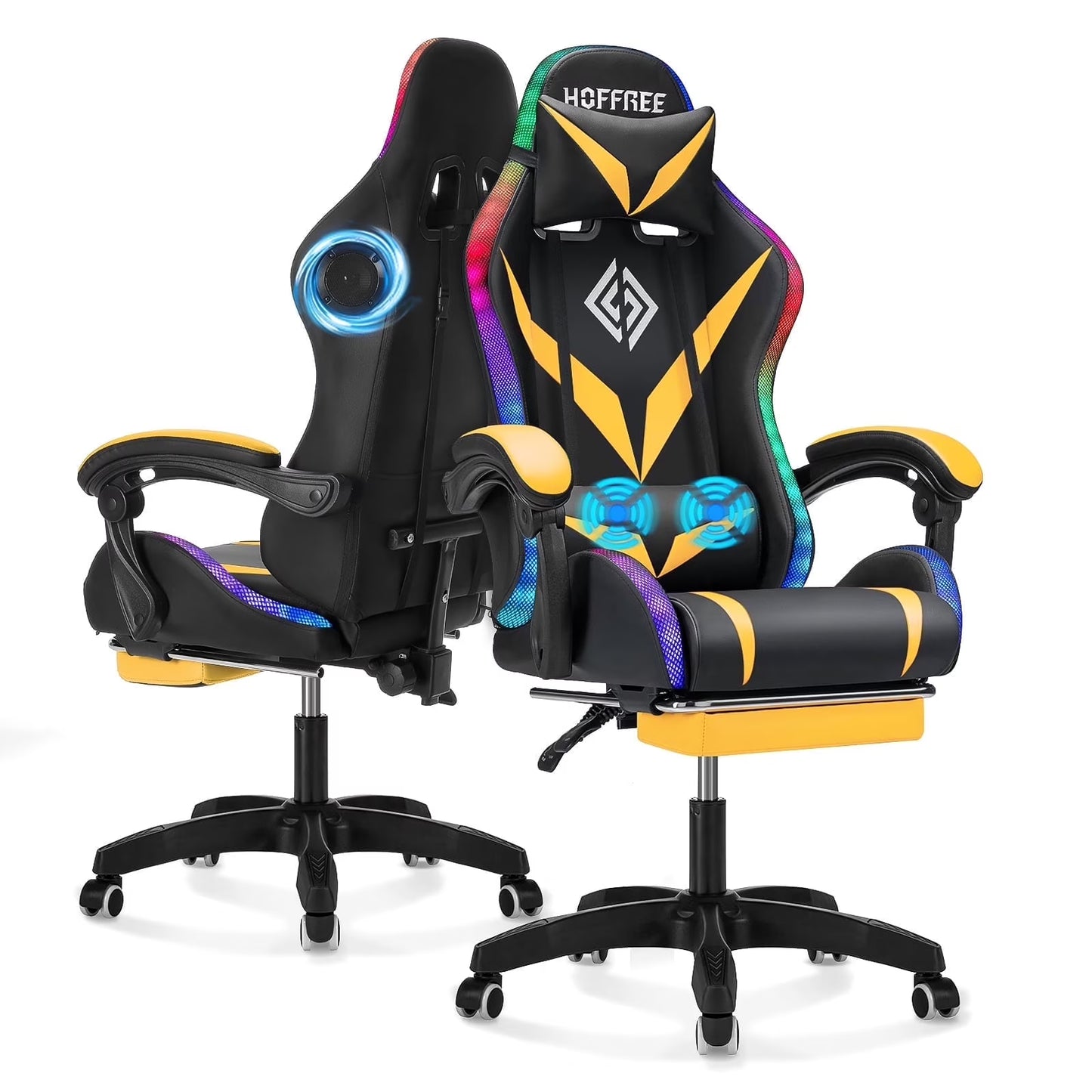 Hoffree Gaming Chair with Speakers PU Leather Office Chair with Footrest and LED Lights Ergonomic Gamer Chair with Massage Lumbar Support and Headrest Adjustable Swivel for Home Office 300lb