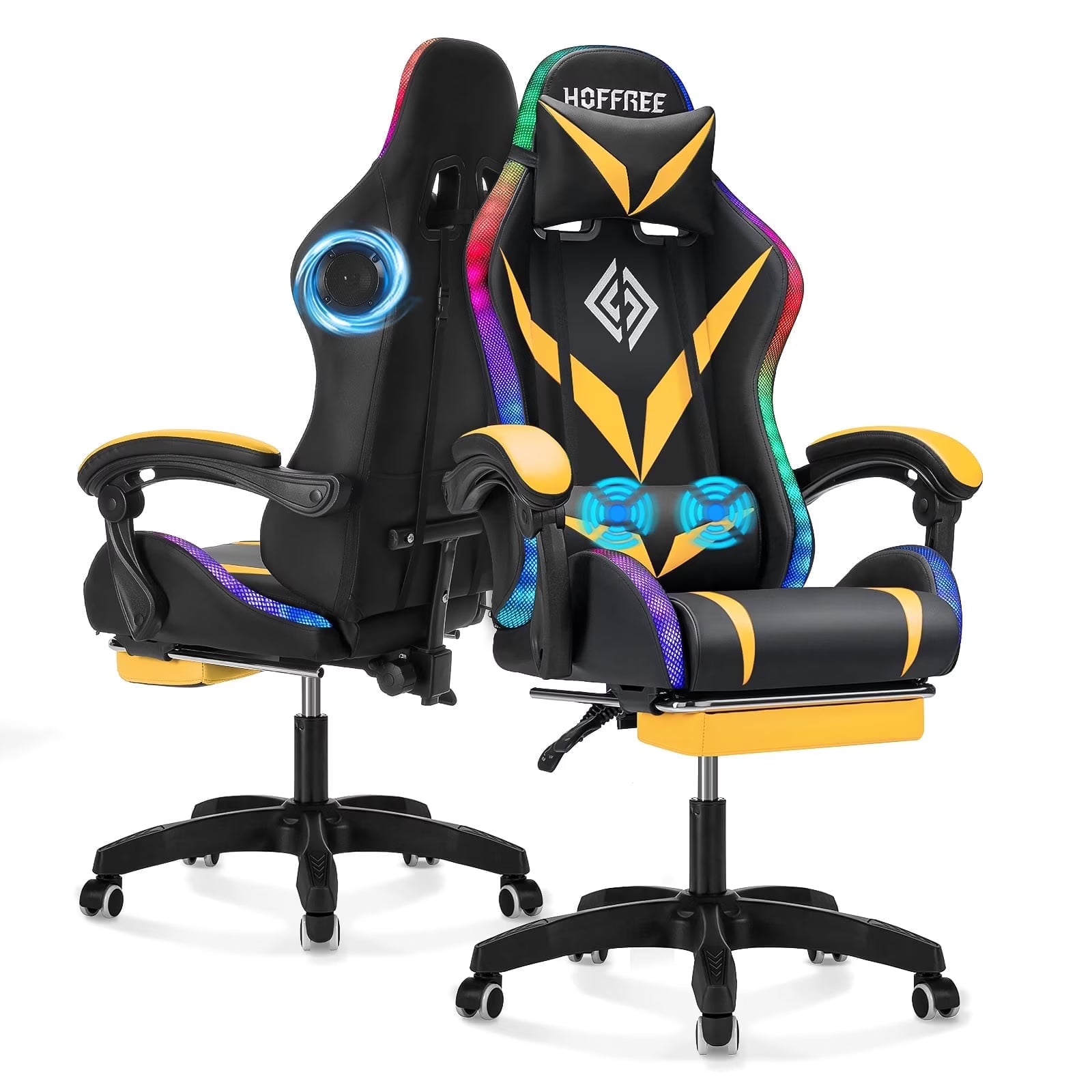 Hoffree Gaming Chair with Speakers PU Leather Office Chair with Footrest and LED Lights Ergonomic Gamer Chair with Massage Lumbar Support and Headrest Adjustable Swivel for Home Office 300lb