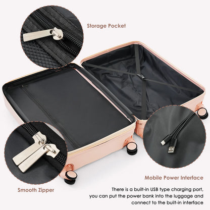 3 Piece Luggage Set , 20/24/28 inches Suitcase Set , ABS Hardshell Expandable Luggage Sets with TSA Lock,20-inch with USB Port, Carry On Luggage for Men Women, Pink
