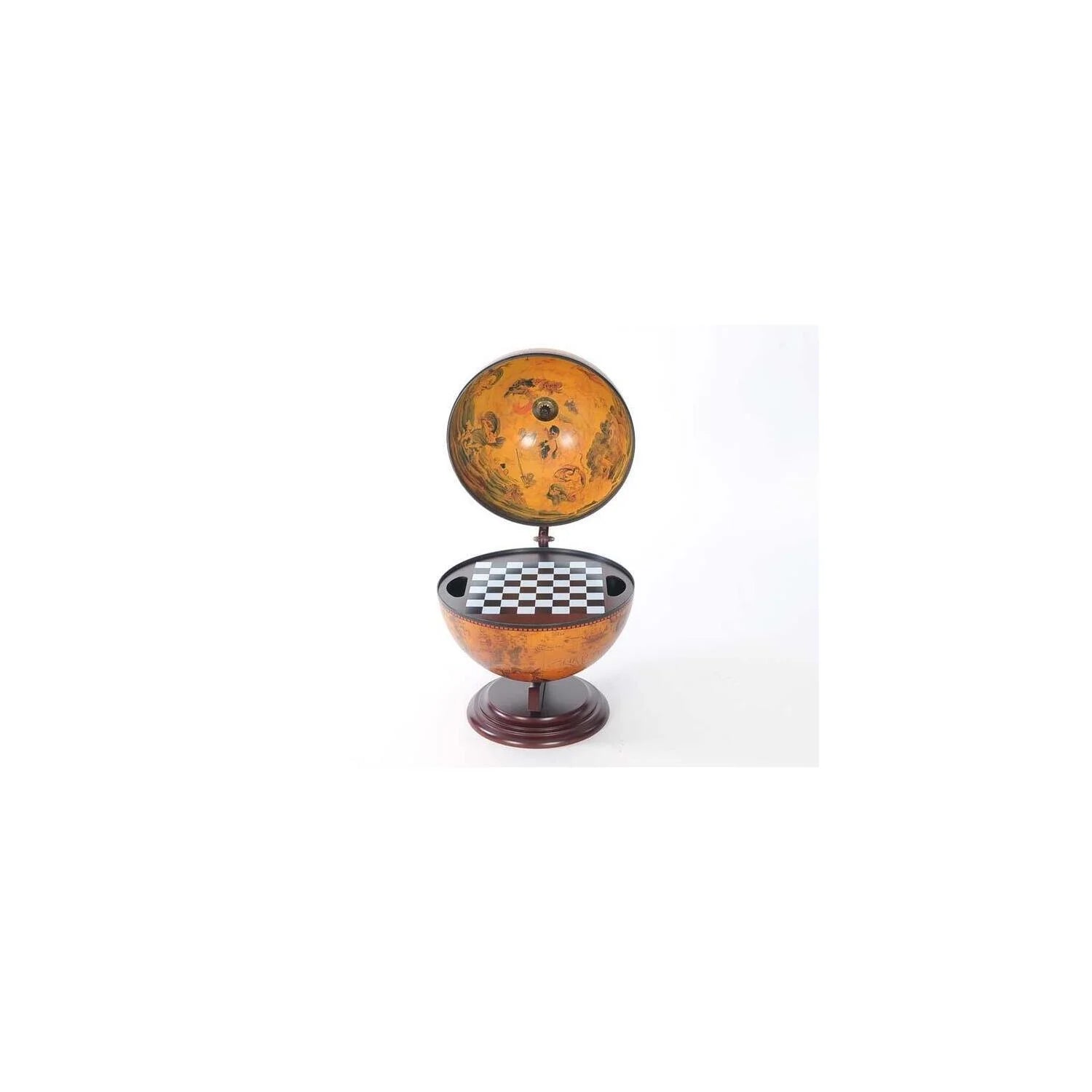 Red Globe with Chess Set - Antique World Map & Fresco Decor - 15"L x 13"W x 19"H