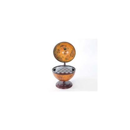 Red Globe with Chess Set - Antique World Map & Fresco Decor - 15"L x 13"W x 19"H