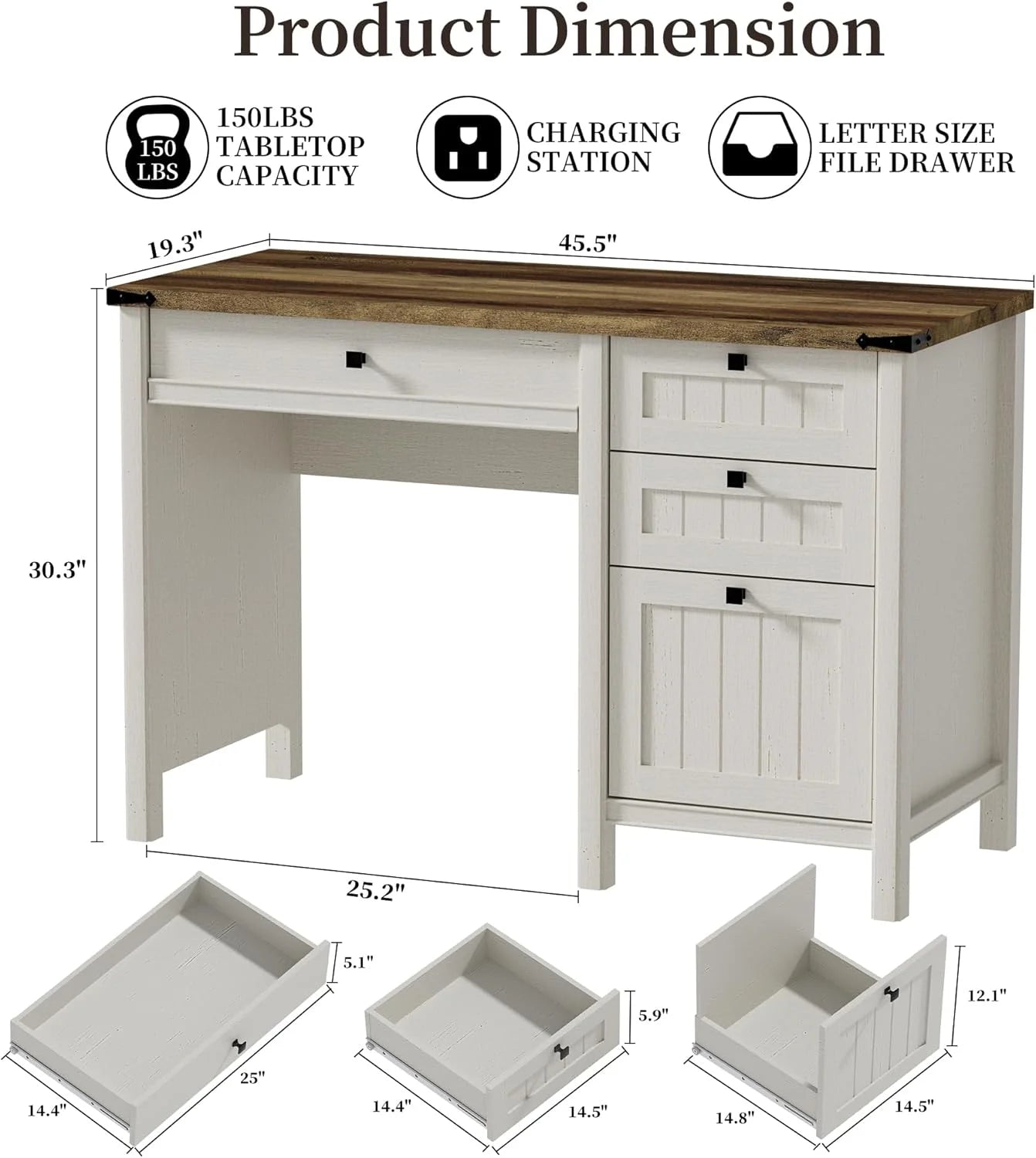 FIAKOA 45"Executive Desk, Modern Farmhouse Computer Desk with Drawers & Cabinet, White Home Office Desk Writing Workspace for Work Study