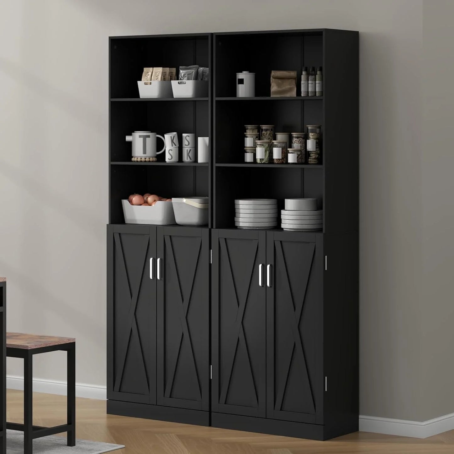 Loomie Industrial Boolshelf with Door, 6 Tier Farmhouse Book Shelf with Adjustable Shelves,70" Tall Display Etagere Bookcase,Floor Standing Unit Book Case Furniture for Home Office,Living Room (Black)