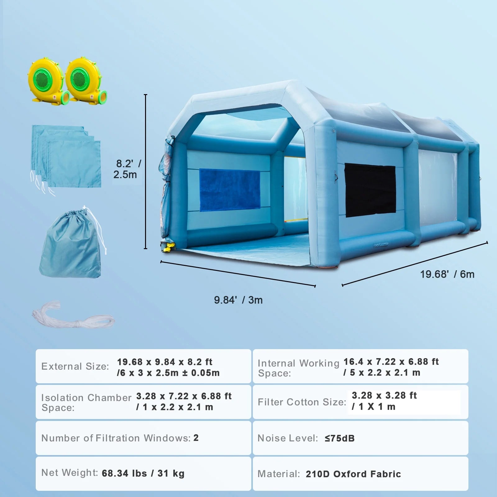 KFFKFF Elastic Spraying Room 20X10X8 Far Elastic Spray Painting Room Car Spitting Tent and 480W+750W Filter System Filter Flower Filter