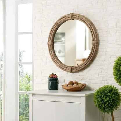 Round Jute Wall Mirror Decorative Wall Mounted Nautical Themed Rustic Rope Mirror with Hanging Loop, Handcrafted Vintage Nautical Design, Brown (18 Inch)