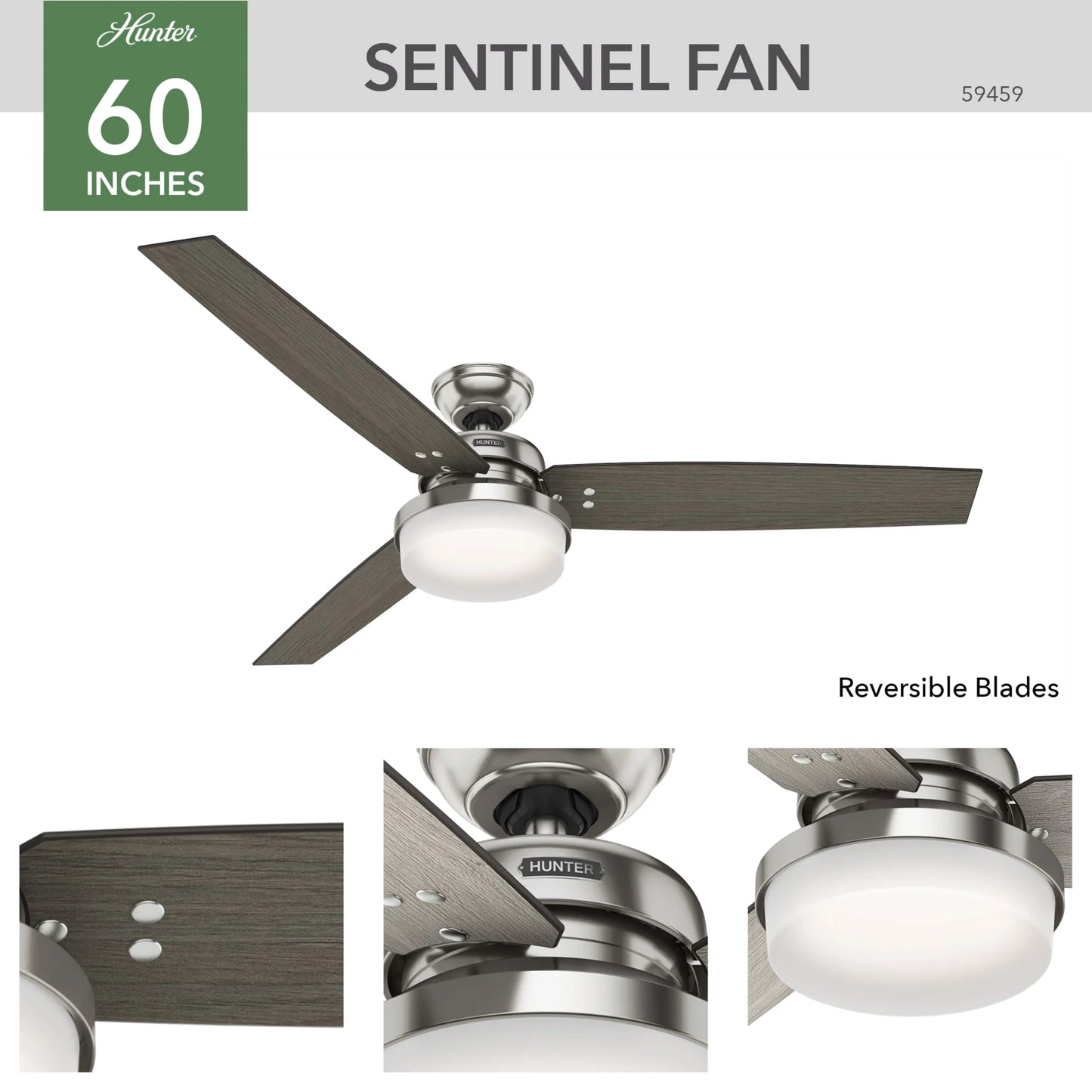 Hunter - Sentinel Indoor Ceiling Fan With Light, Remote, 60-inch, Brushed Nickel, Modern-style, 3-speed WhisperWind Motor, 59459, for living rooms, bedrooms, home offices, kitchens