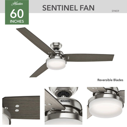 Hunter - Sentinel Indoor Ceiling Fan With Light, Remote, 60-inch, Brushed Nickel, Modern-style, 3-speed WhisperWind Motor, 59459, for living rooms, bedrooms, home offices, kitchens