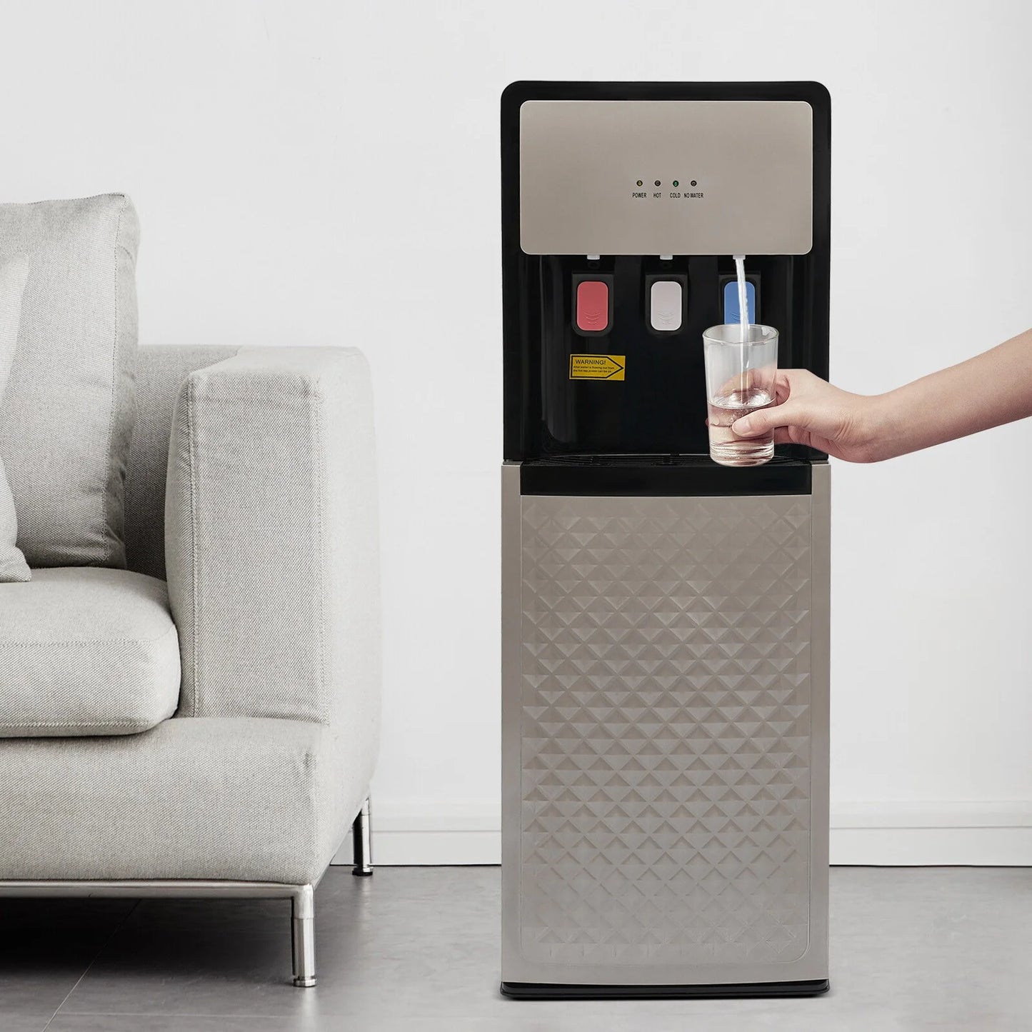 Silver Grey Floor Standing Hot& Cold Water Dispenser with 3 Temperature Settings, Indicator Lights & Removable Drip Tray, for Home Office and Living Room