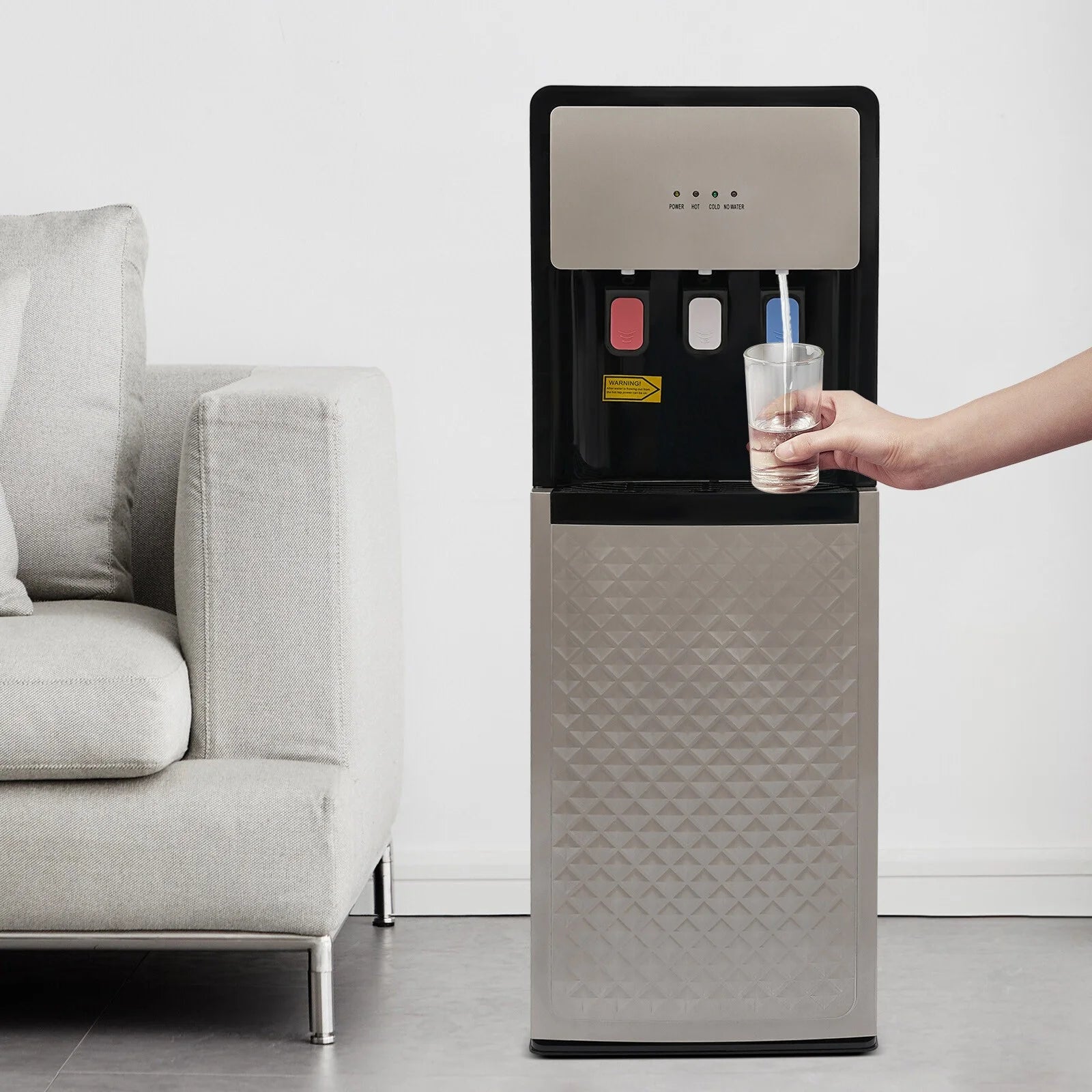 Silver Grey Floor Standing Hot& Cold Water Dispenser with 3 Temperature Settings, Indicator Lights & Removable Drip Tray, for Home Office and Living Room