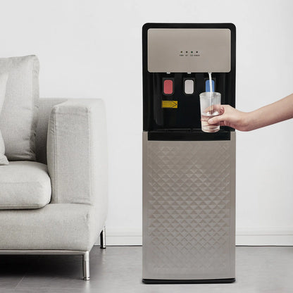 Silver Grey Floor Standing Hot& Cold Water Dispenser with 3 Temperature Settings, Indicator Lights & Removable Drip Tray, for Home Office and Living Room