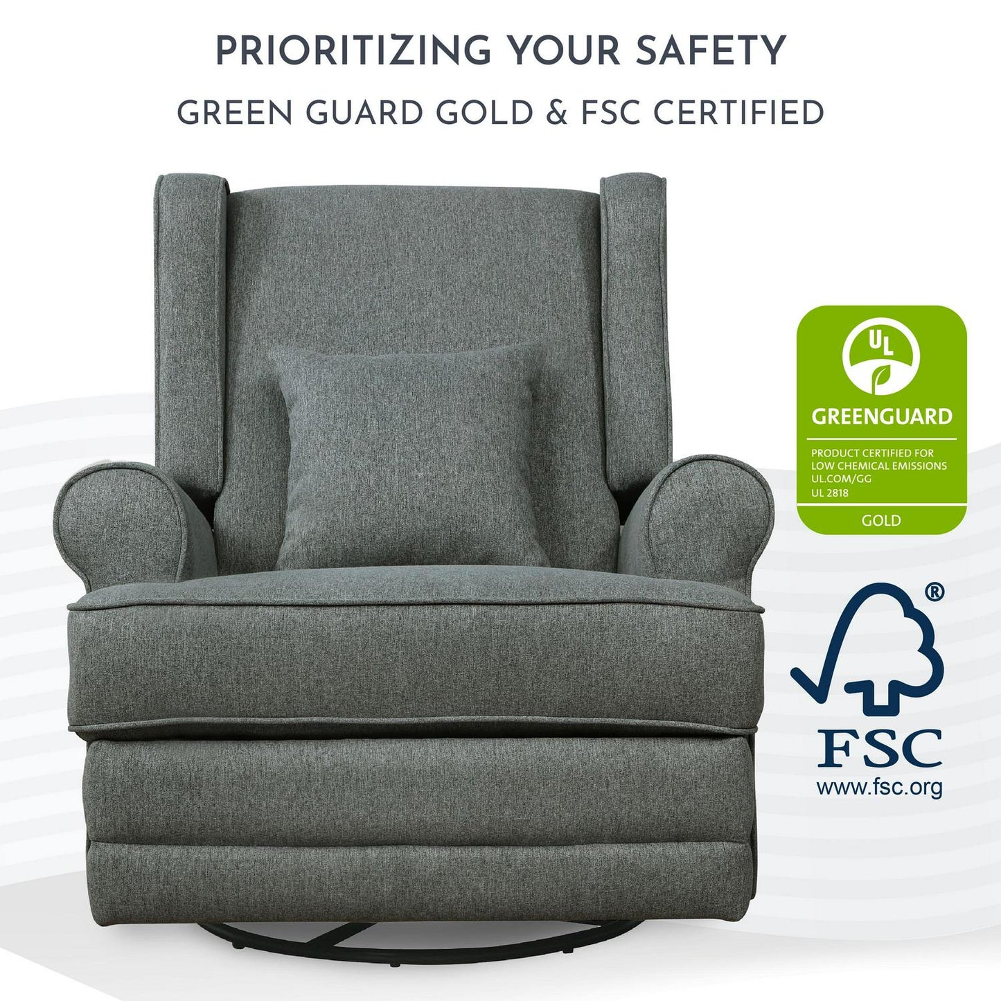 Evolur Melbourne Wing Back Swivel Glider I Nursery Glider I Durable Soft Fabric I Bonus Pillow In Iron
