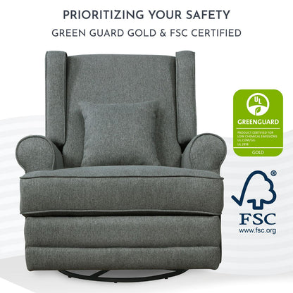 Evolur Melbourne Wing Back Swivel Glider I Nursery Glider I Durable Soft Fabric I Bonus Pillow In Iron
