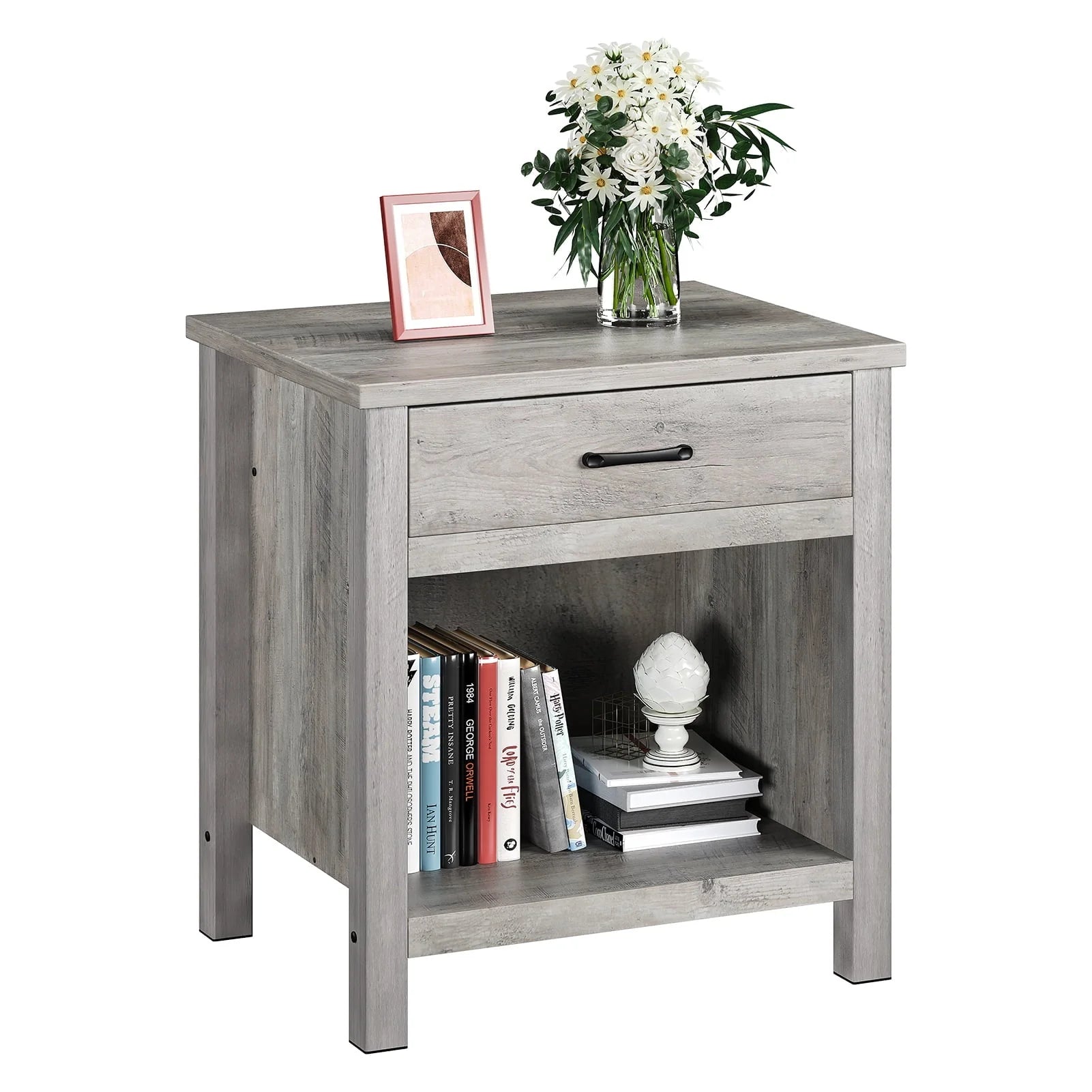 Wooden Nightstand Side Table, Bedside Table End Table for Bedroom Nursery Living Room with Storage Drawer, Rustic Grey