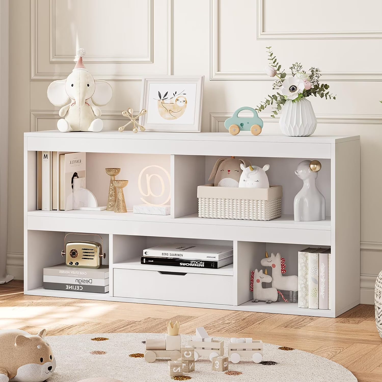 Kids Bookshelf with Drawer Nursery Bookcase Wooden Toy Storage Organizer Playhouse Storage Shelves White Book Shelf for Playroom, Classroom, Nursery, Kids Room