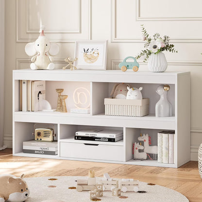 Kids Bookshelf with Drawer Nursery Bookcase Wooden Toy Storage Organizer Playhouse Storage Shelves White Book Shelf for Playroom, Classroom, Nursery, Kids Room